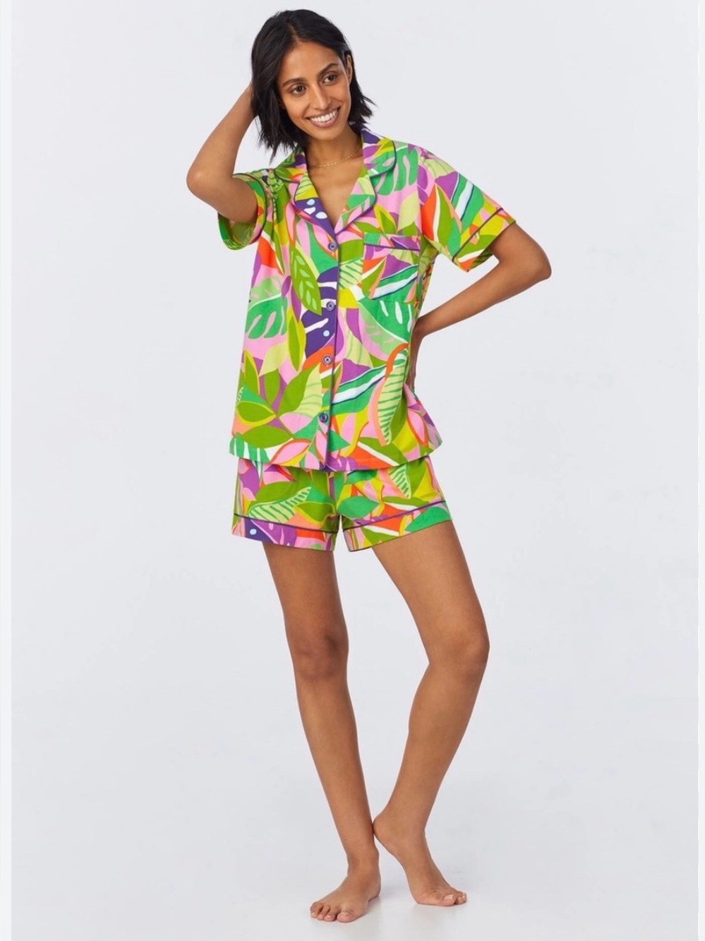 BedHead x Trina Turk Jungle Short Sleeve Classic Shorty Stretch Jersey PJ Set LG